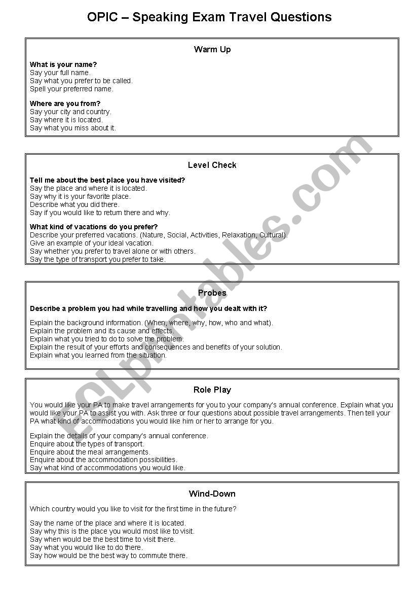 OPIC Speaking Exam Travel Questions and Answers