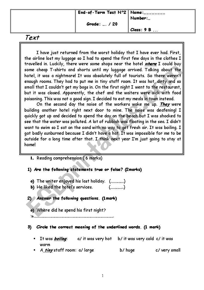 End of term test n°2 for the 9th formers - ESL worksheet by sabibou