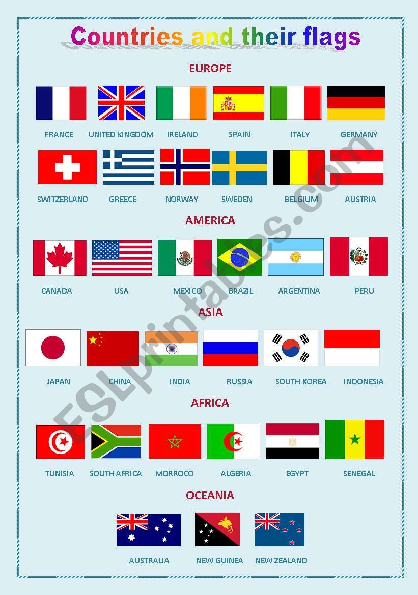Countries and their flags ESL worksheet by imartinet