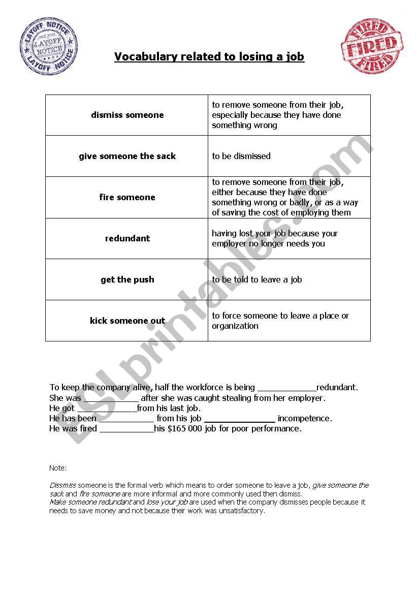 Vocabulary related to losing a job