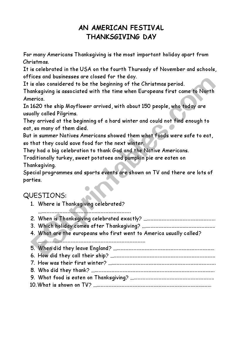 thanksgiving day worksheet