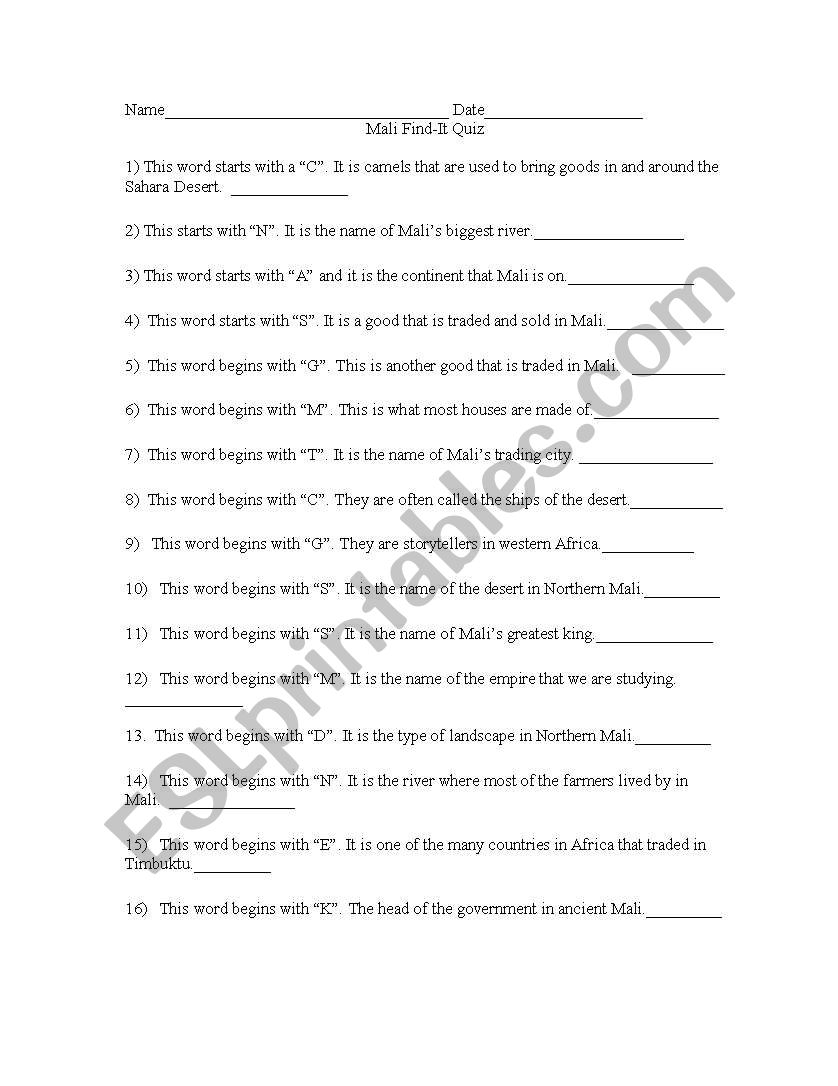 Find-It Mali Quiz worksheet