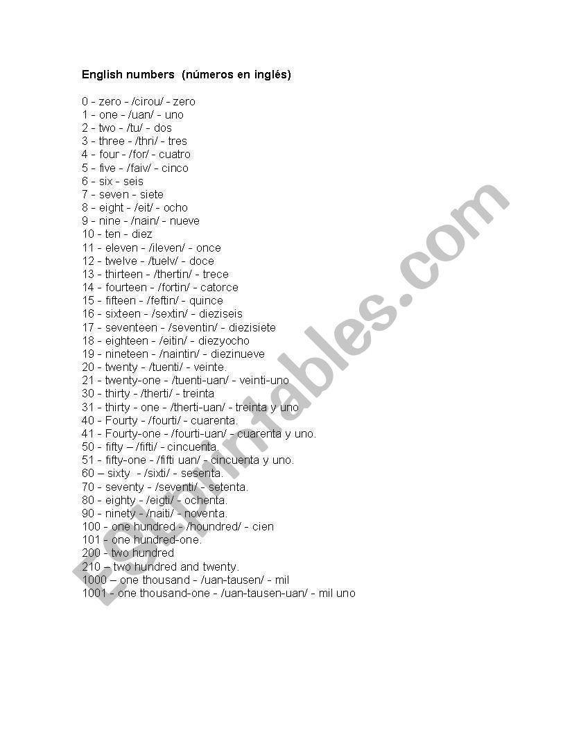 English numbers worksheet