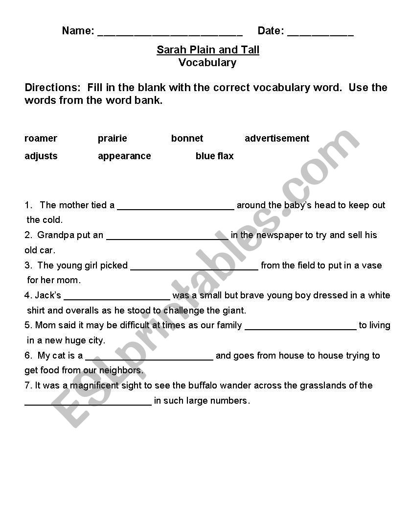 English worksheets: Sarah, Plain and Tall Vocabulary Test In Sarah Plain And Tall Worksheet