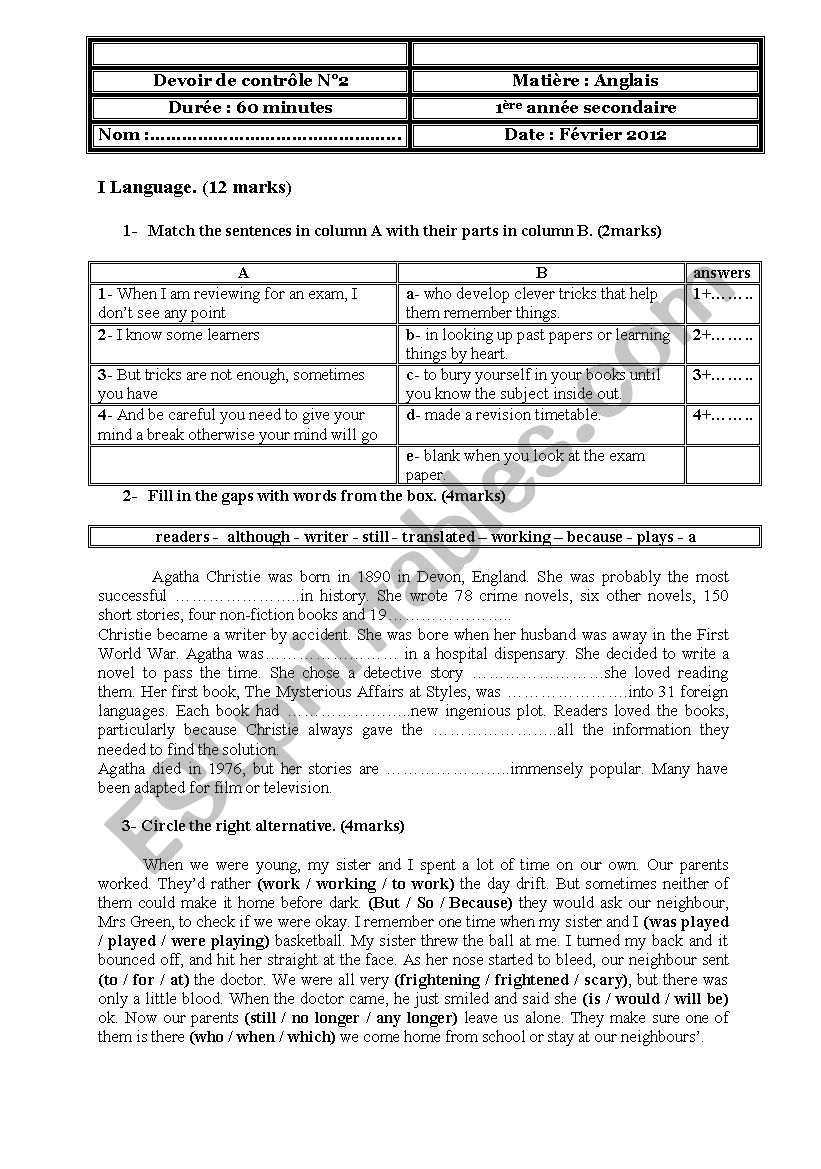 Test N3 first year secondary 