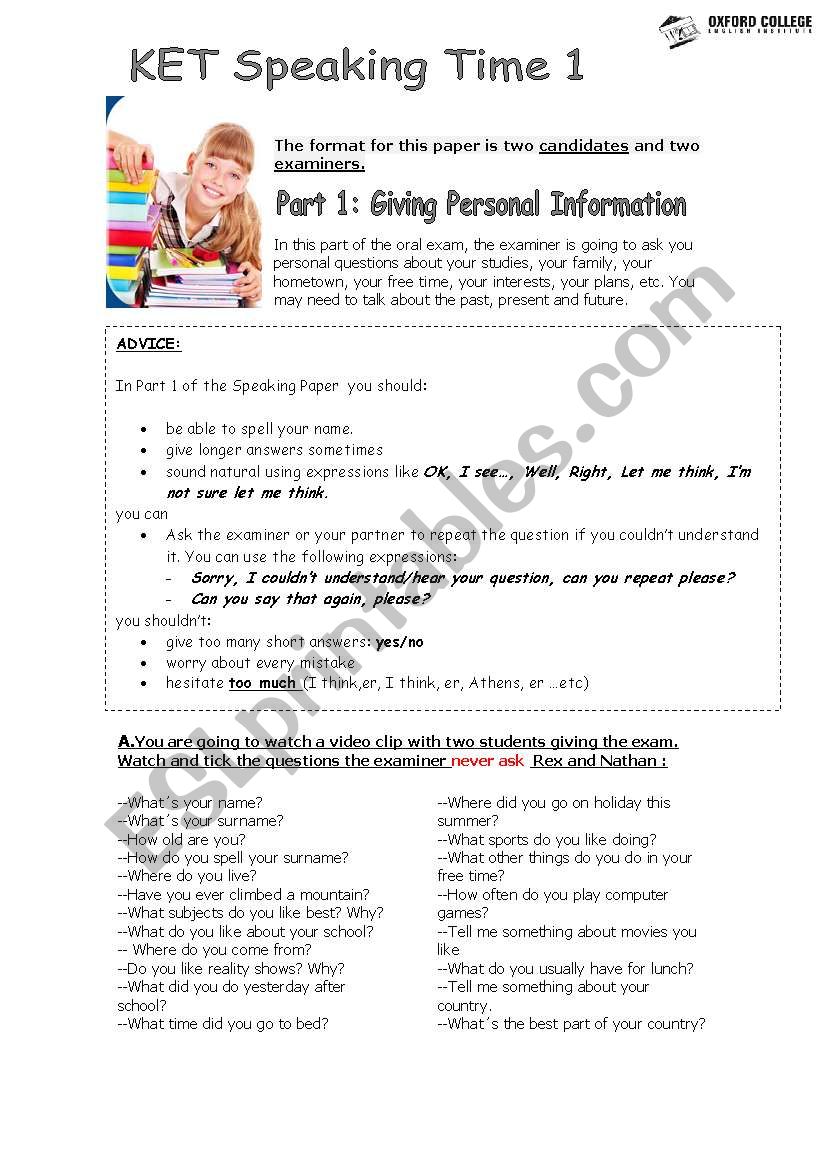 KET SPEAKING PRACTICE PART 1 ESL Worksheet By Claro