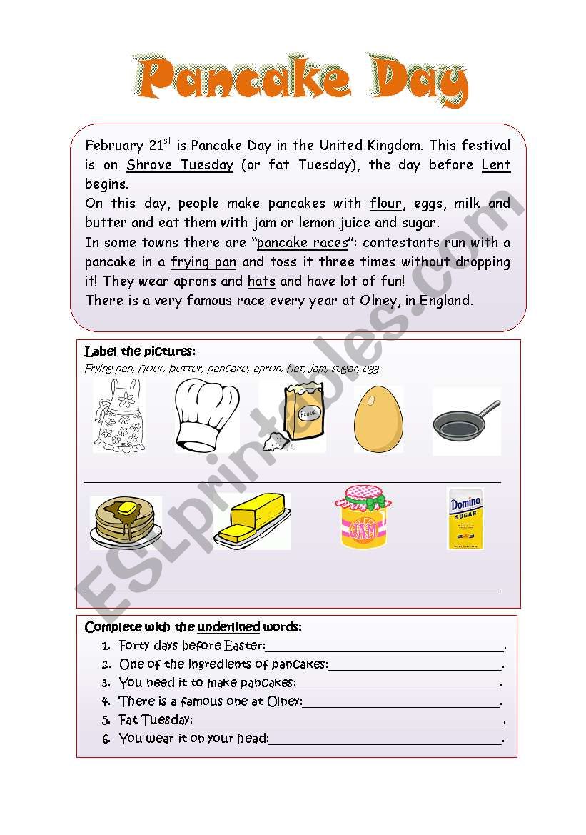 Pancake Day ESL Worksheet By Naty g