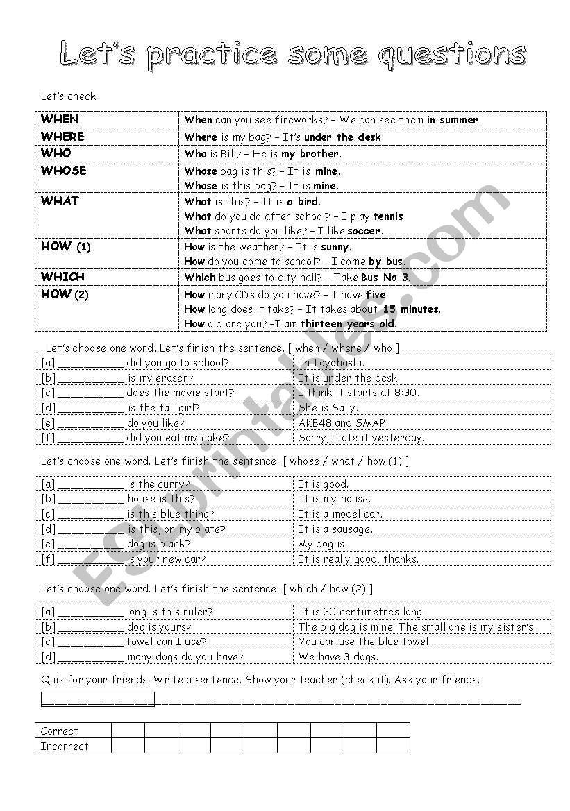 Question Time (when, where, who, whose, how, which) - ESL worksheet by ...