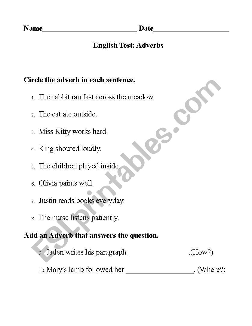 Adverbs and Adjectives Test worksheet