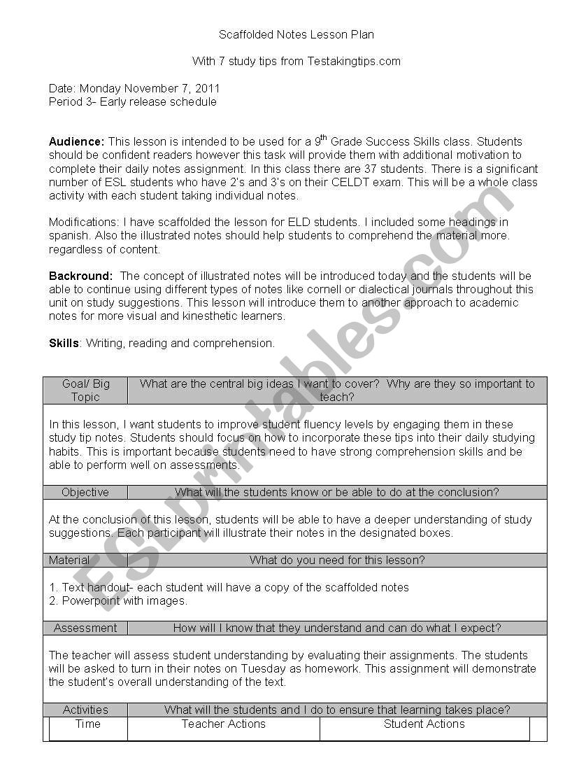 Scaffolded lesson plan on study tips