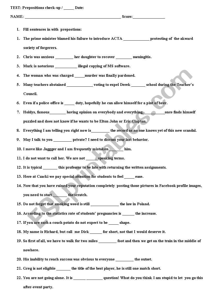 Prepositions test worksheet