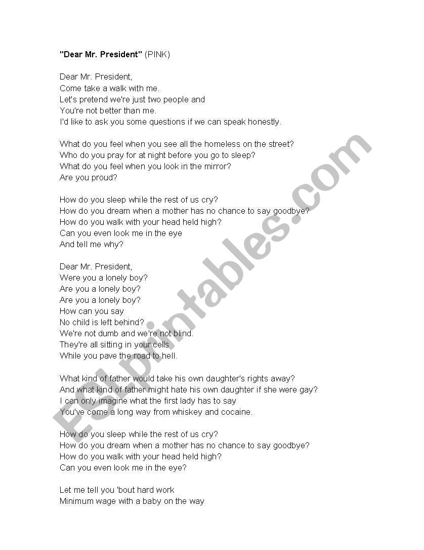 lyrics dear mr president worksheet