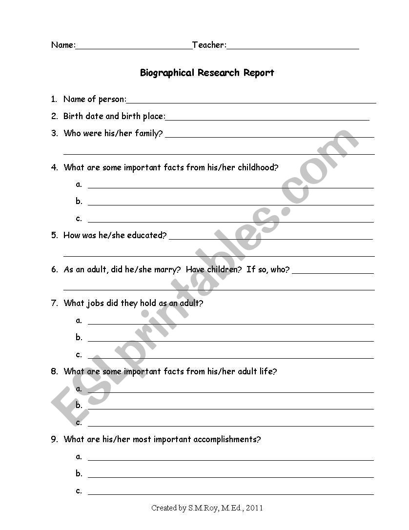 Biography Research Form worksheet