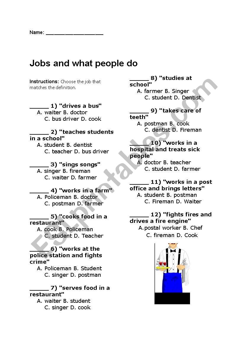 Match job definations worksheet