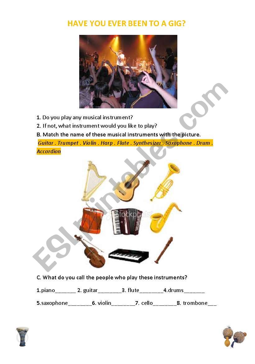 musical instruments worksheet