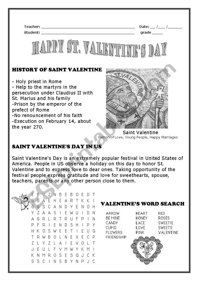 Happy Saint Valentine's Day Worksheet