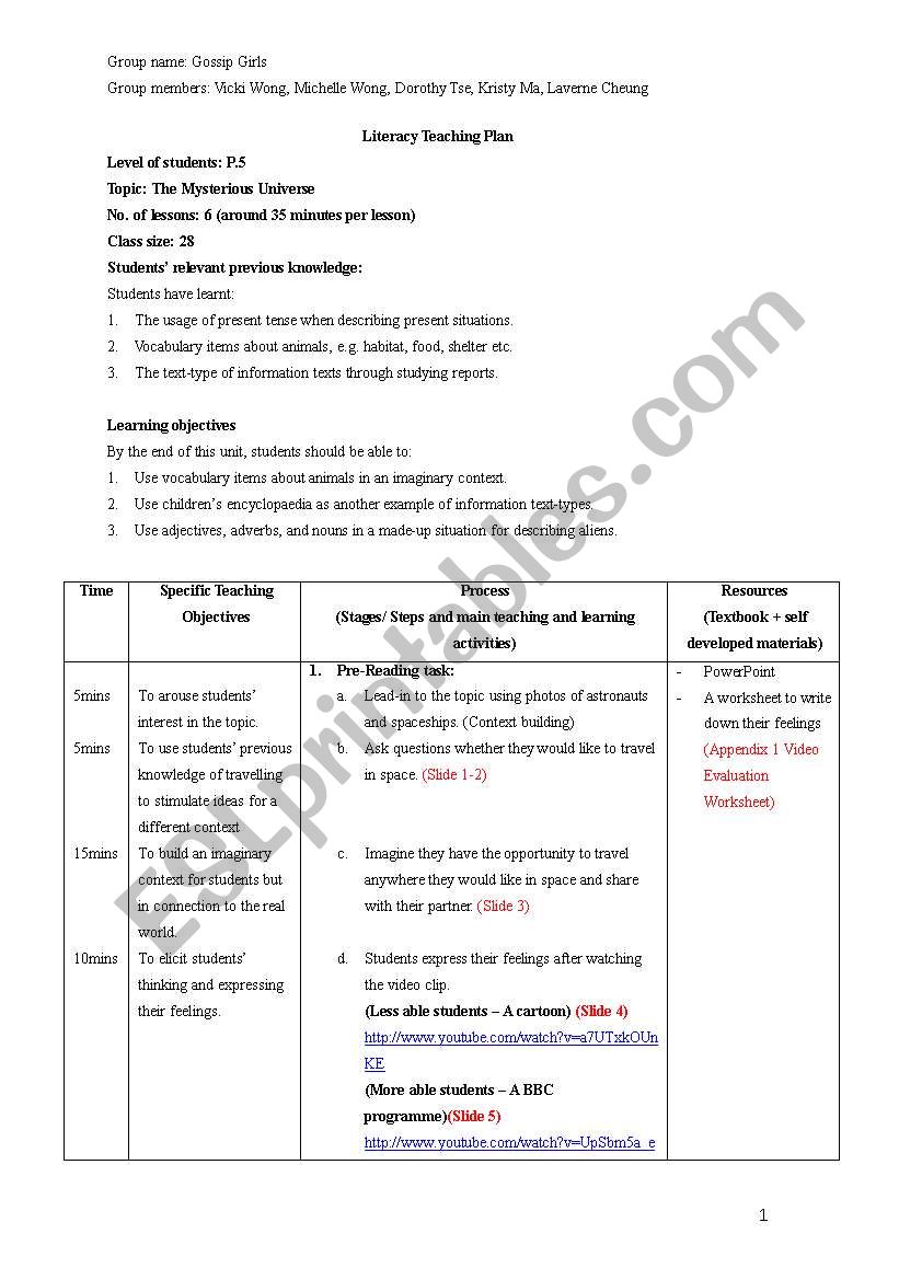 Reading and Writing Lesson worksheet