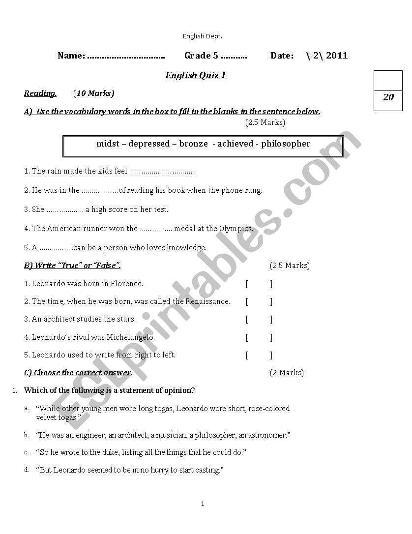 grade 5 quiz worksheet