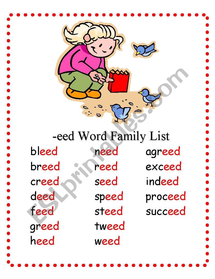 eed family word list worksheet