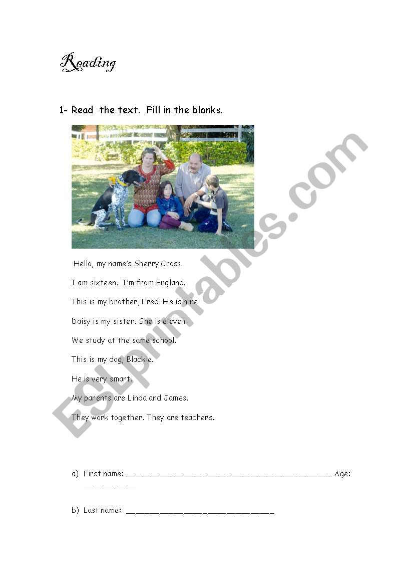 Reading about family worksheet