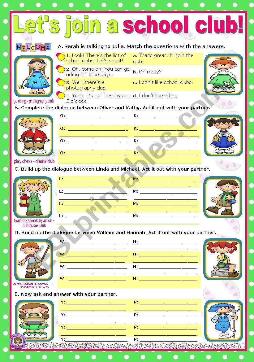 Let´s join a school club - short, easy dialogues - ESL worksheet by mena22