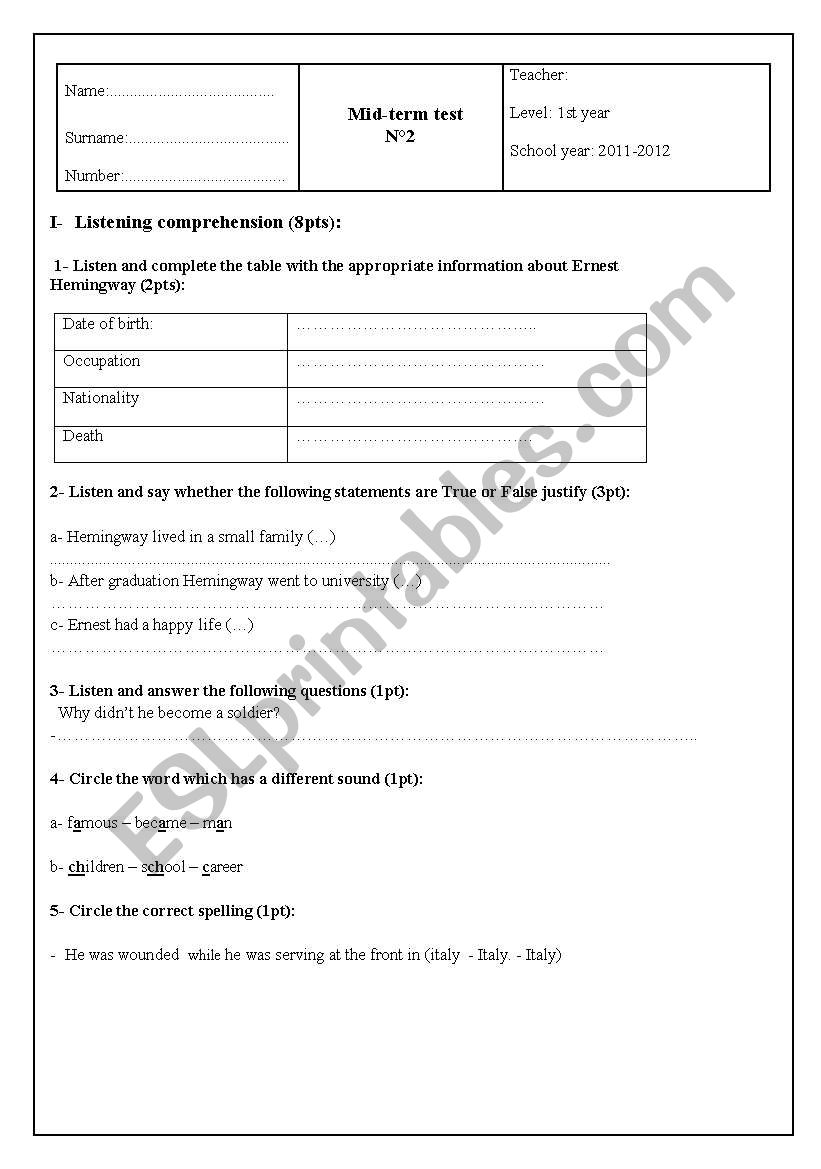 Mid term test worksheet