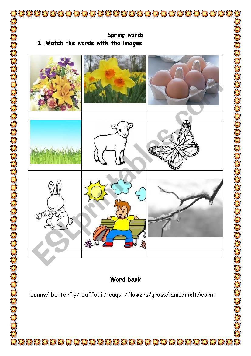 Spring words. Matching images with words. Wordsearch.