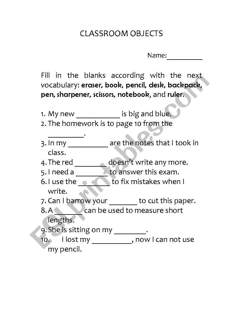 classroom objects worksheet