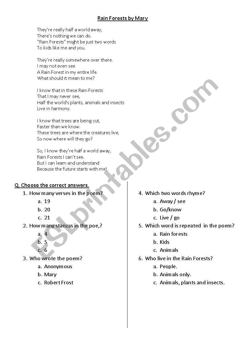 Readin Comprehension worksheet