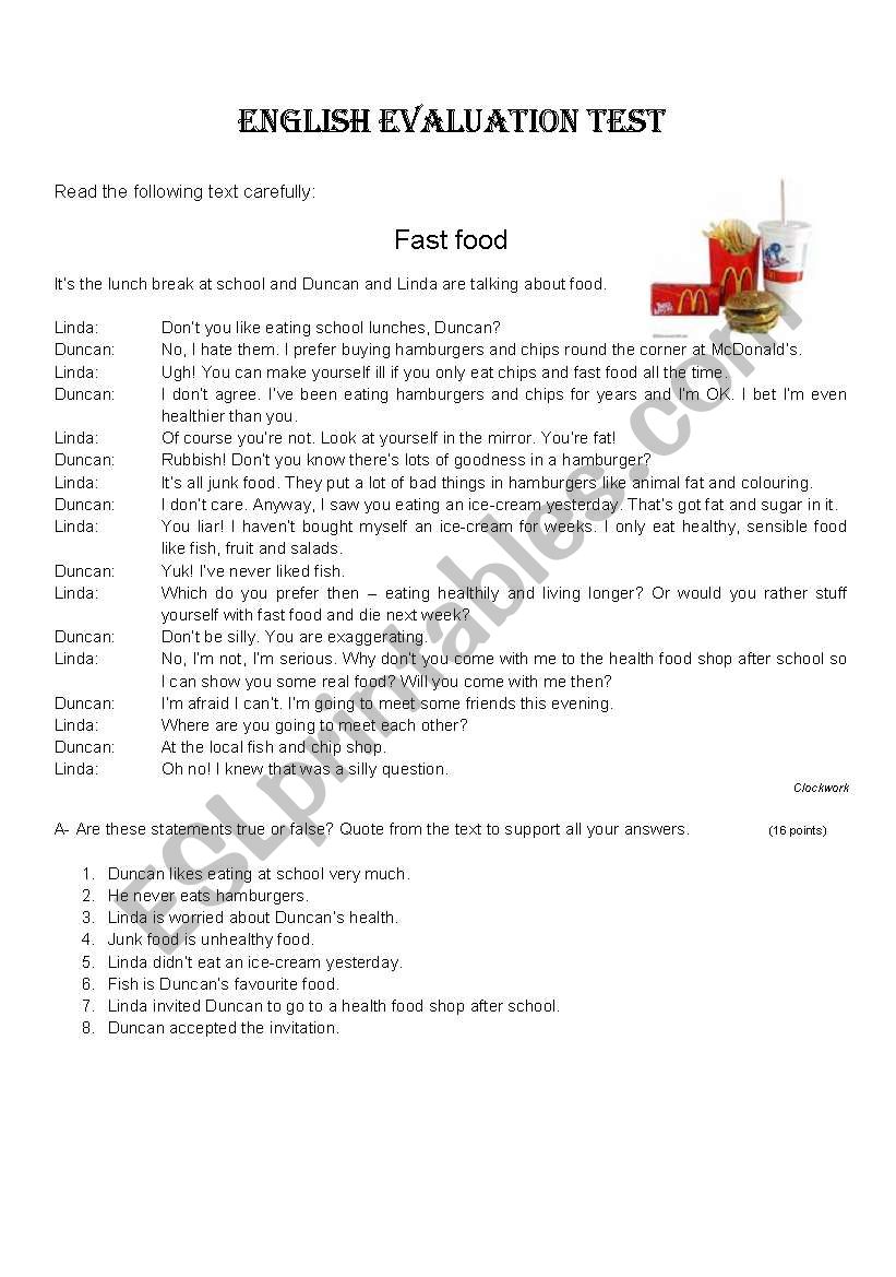 Fast Food worksheet