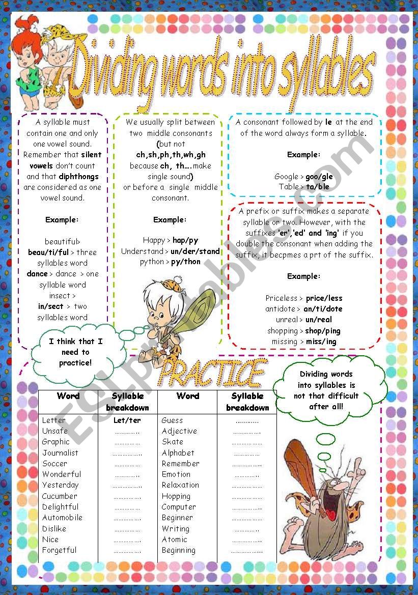 DIVIDING WORDS INTO SYLLABLES ESL Worksheet By Mouna Mch