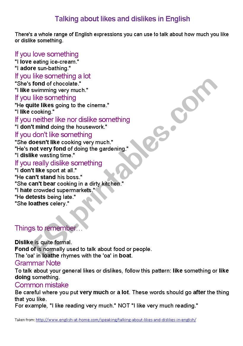 Likes & dislikes worksheet