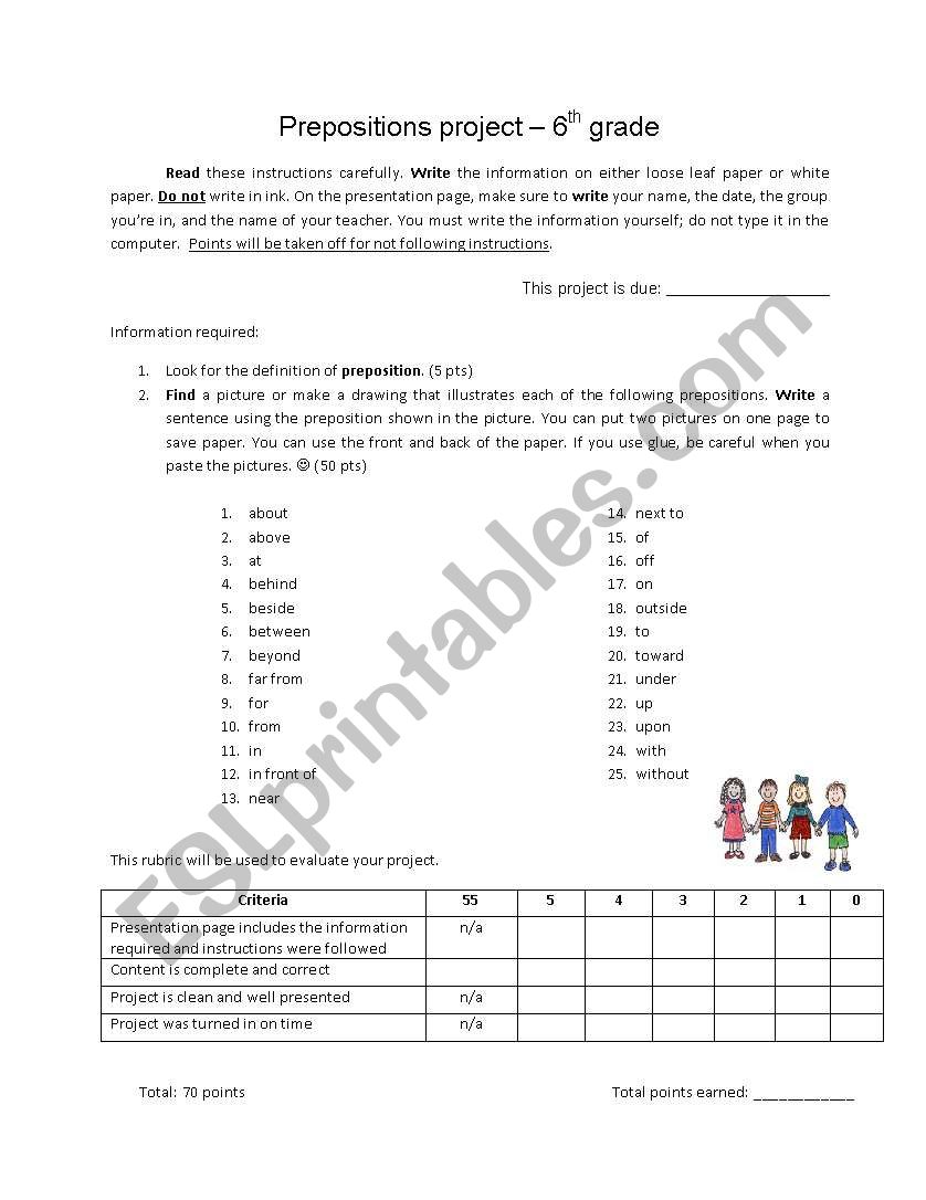 Prepositions Project worksheet