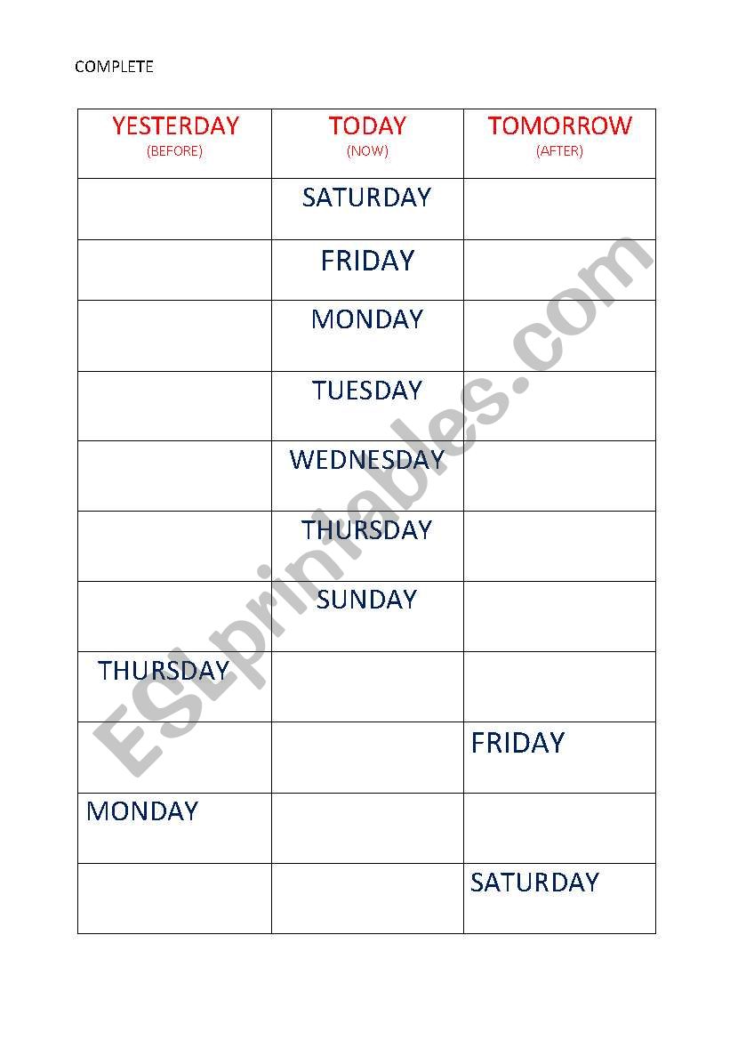 DAY OF THE WEEK worksheet