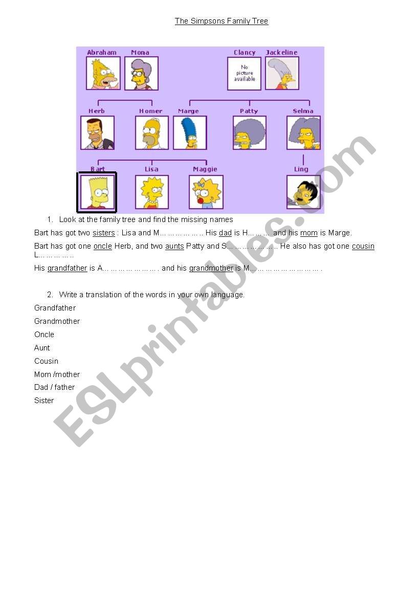 The Simpsons Family Tree worksheet