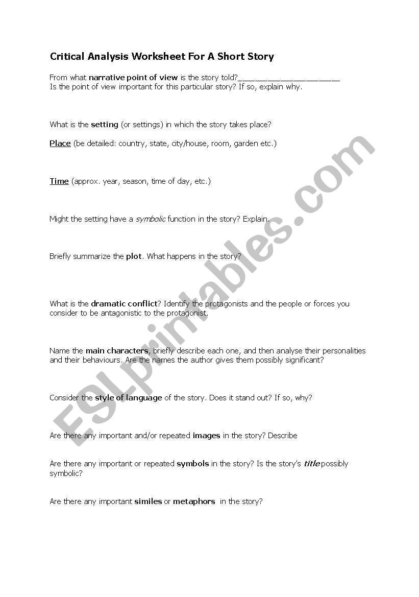 Critical Analysis Worksheet For A Short Story