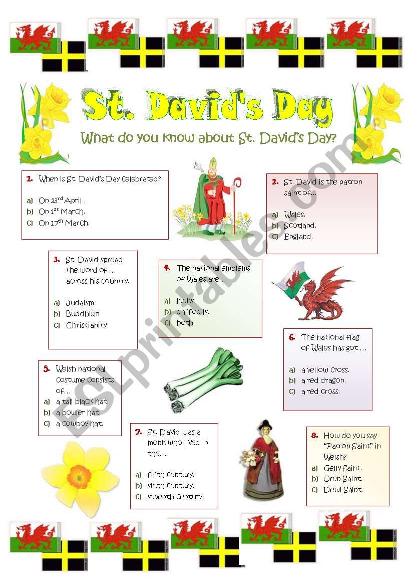 ST DAVID S DAY 1st MARCH Patron Saint Of Wales ESL Worksheet By