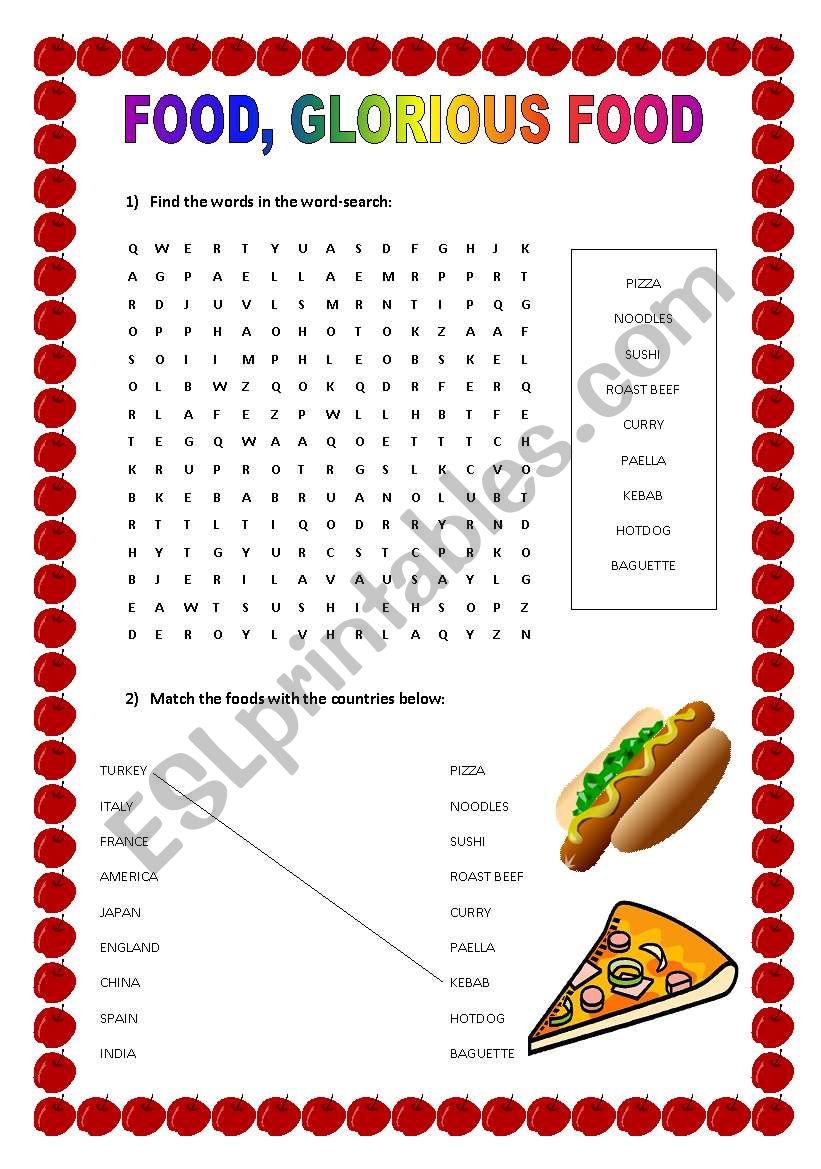 Food, Glorious Food - Word-search and matching exercise - ESL worksheet by  jonathankambei