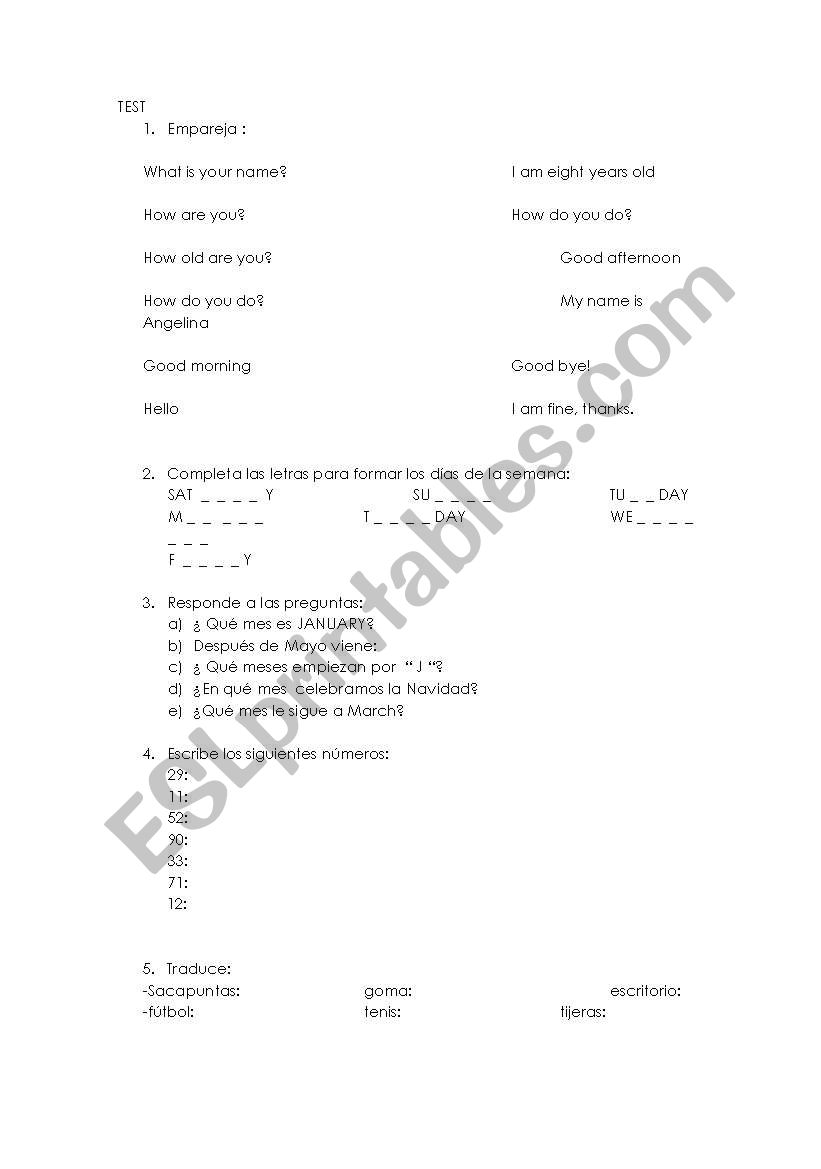 easy test for beginners worksheet