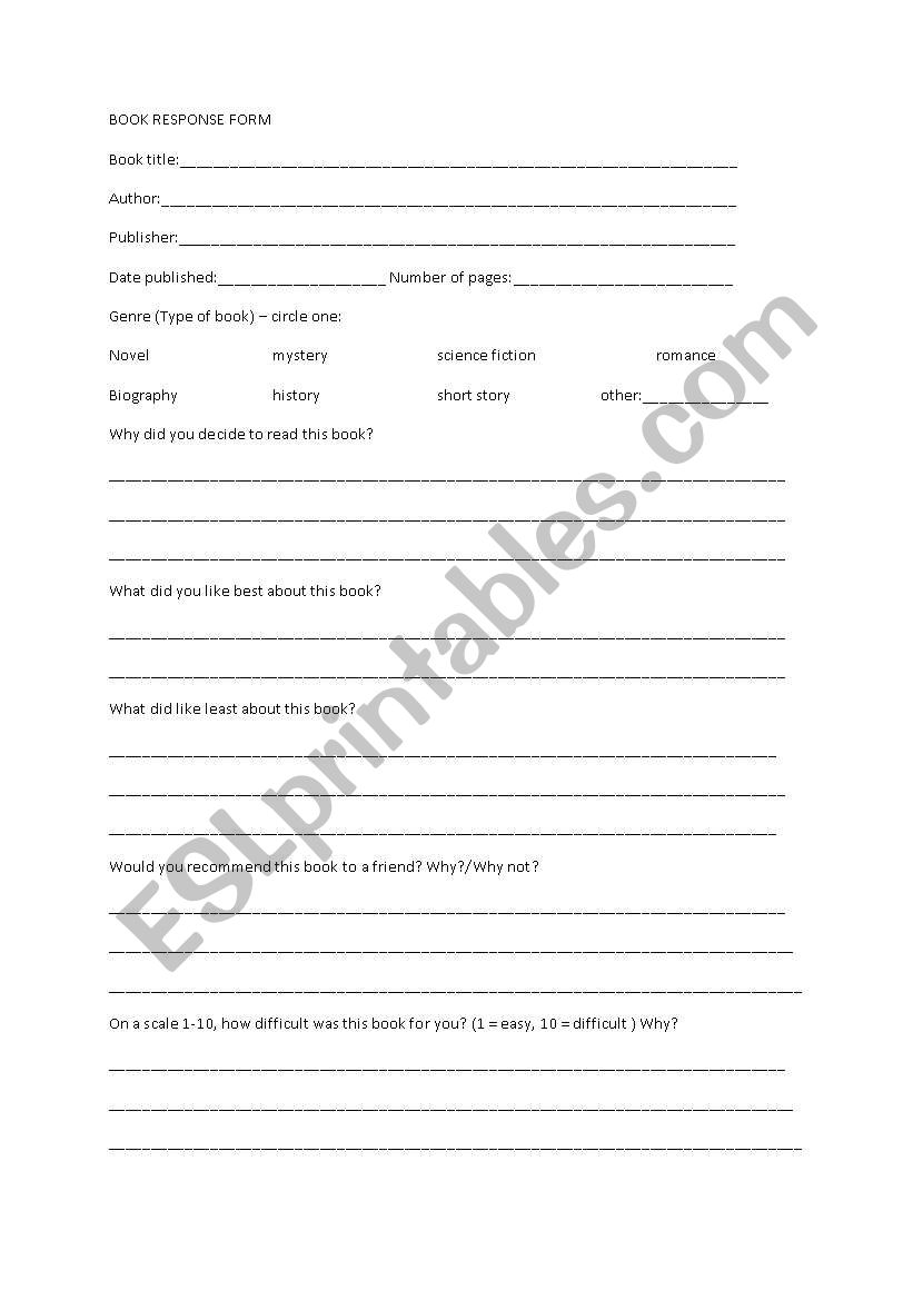 Book response form worksheet