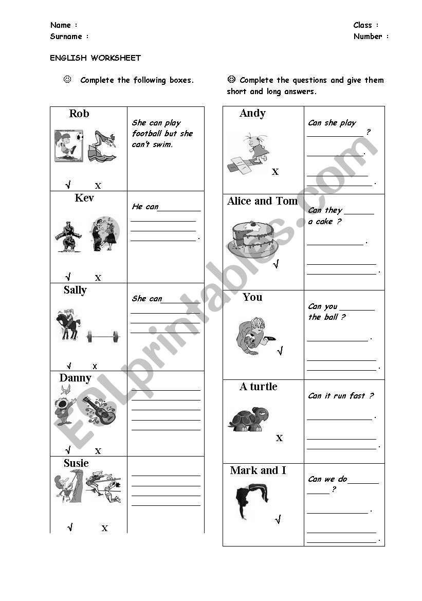 can  / cant worksheet