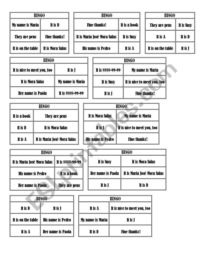 7th Level Bingo worksheet