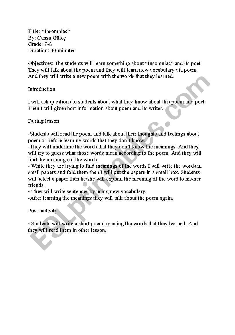 poem lesson plan worksheet