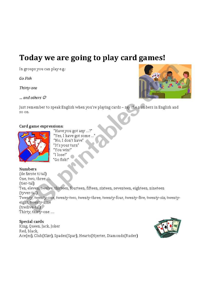Card game instruction worksheet