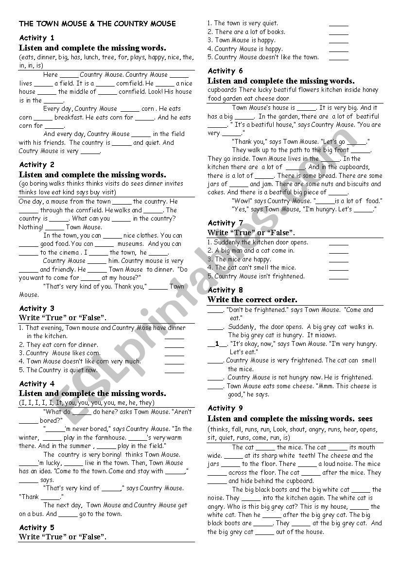 town mouse-ountry mouse worksheet