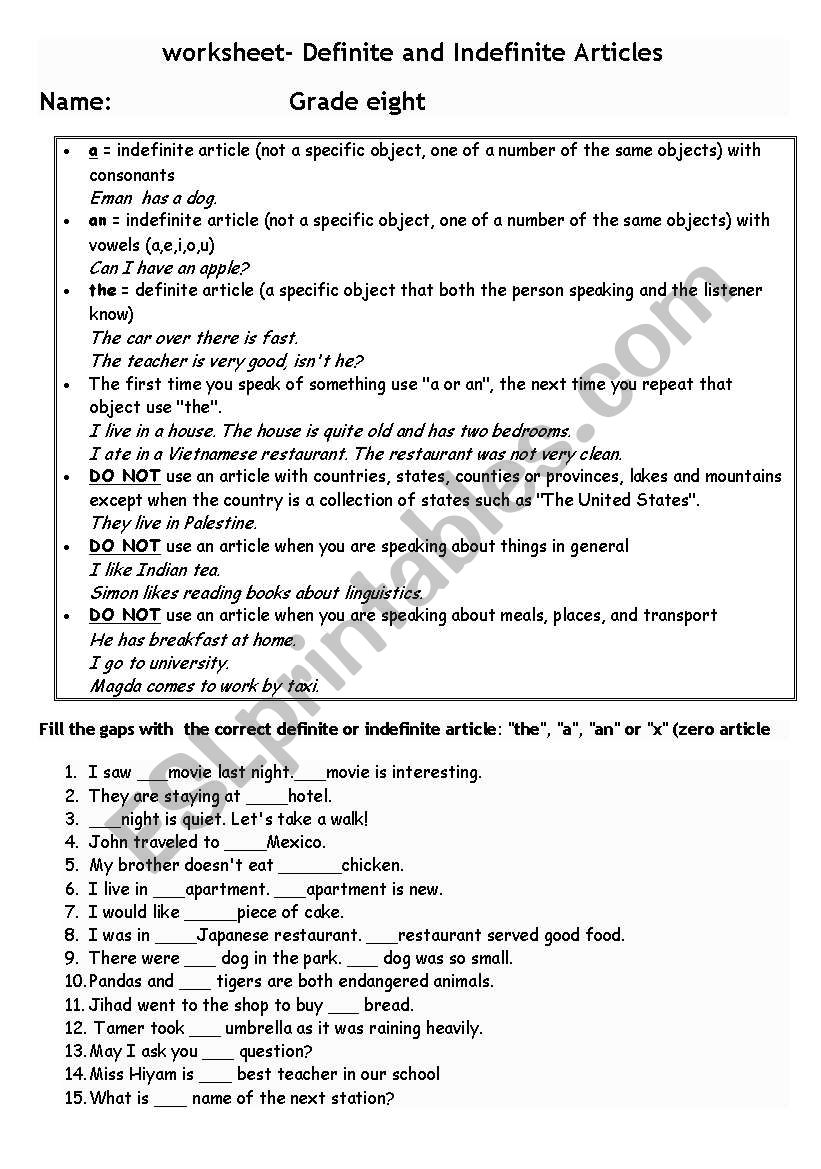 articals worksheet