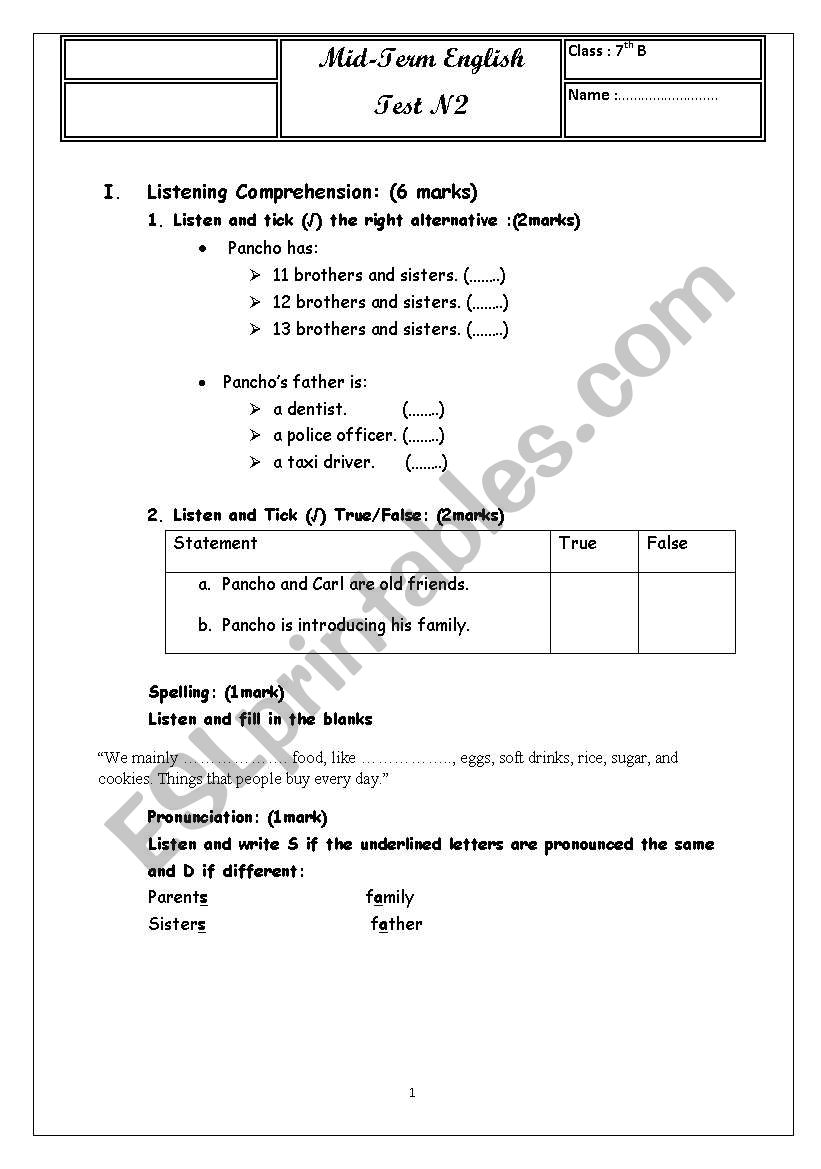 test for 7th forms Tunisian ppls