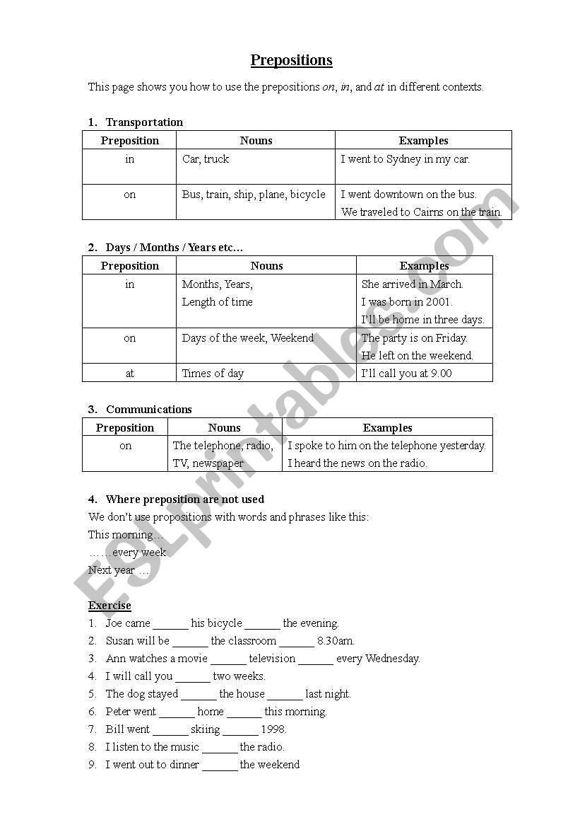 Introduction to Prepositions worksheet