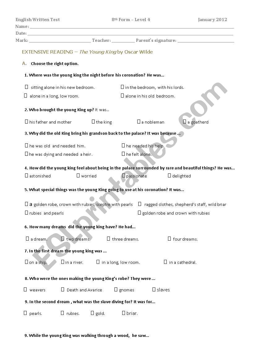 The Young King worksheet