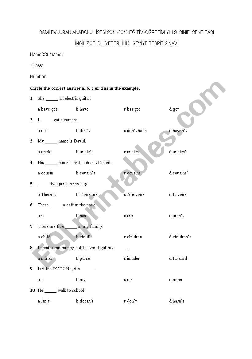 test worksheet